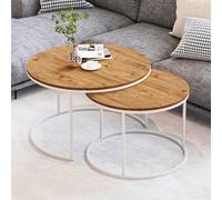 EMIDECO Tables Basses Gigognes Rondes Lot de 2 Bois Clair Métal Blanc - Design Scandinave - Ensemble Gain de Place Élégant