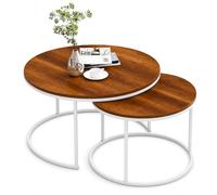 EMIDECO Tables Basses gigognes Rondes Lot de 2 Bois foncé métal Blanc - Tables Salon emboîtables Modernes - Ensemble Tables Gain de Place Design élégant