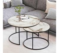 EMIDECO Tables Basses gigognes Rondes Lot de 2 marbre Blanc métal Noir - Tables Salon emboîtables Modernes - Ensemble Tables Gain de Place Design élégant