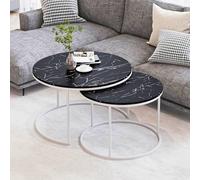 EMIDECO Tables Basses gigognes Rondes Lot de 2 marbre Noir métal Blanc - Tables Salon emboîtables Modernes - Ensemble Tables Gain de Place Design Chic