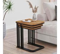EMIDECO Tables gigognes Lot de 3 Bois Clair métal Noir - Tables d’appoint empilables Salon Modernes - Ensemble Tables Gain de Place Design Contemporain
