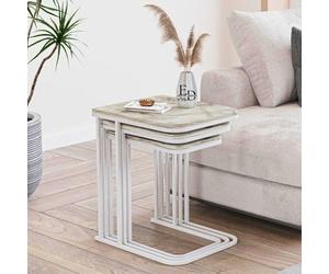 EMIDECO Tables gigognes - Lot de 3 - Effet marbre Blanc - Structure métal Blanc - Design Moderne - Tables d’appoint empilables Salon Chambre - Gain de Place et faciles à Nettoyer