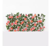 Emiif Treillis extensible en bois avec fleurs et feuilles artificielles, clôture brise-vue pour balcon, cour, décoration murale (rose foncé)