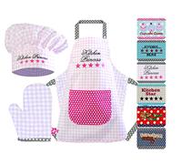 Emily 1428.2002 Lot de 3 Casquettes de Cuisine avec Tablier et Gant de Cuisine pour Enfant Motif Carreaux, Coton, Kitchen Princess, Small [3-6 Jahre]