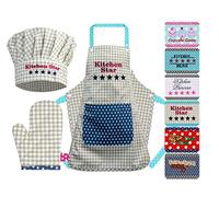 Emily 1428.2002 Lot de 3 Casquettes de Cuisine avec Tablier et Gant de Cuisine pour Enfant Motif Carreaux, Coton, Kitchen Star, Medium [7-12 Jahre]