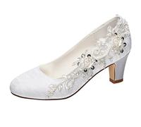 Emily Bridal Chaussures de mariage pour femme - En satin soyeux - Talon épais - Avec coutures en dentelle - Fleur de cristal et perle, blanc, 39 EU