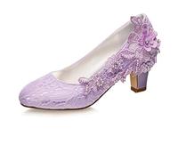 Emily Bridal Chaussures de mariée Femmes Soie comme du Satin Talon bottier Escarpins avec Couture Dentelle Une Fleur Cristal Pearl (EU40, Violet Clair)