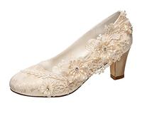 Emily Bridal Chaussures de mariée Femmes Soie comme du Satin Talon bottier Escarpins avec Couture Dentelle Une Fleur Cristal Pearl (EU41, Champagne)