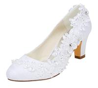 Emily Bridal Chaussures de mariée Femmes Soie comme du Satin Talon bottier Escarpins avec Couture Dentelle Une Fleur Cristal Pearl (EU38, Blanc)
