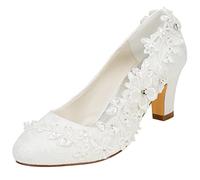 Emily Bridal Chaussures de mariée Femmes Soie comme du Satin Talon bottier Escarpins avec Couture Dentelle Une Fleur Cristal Pearl (EU38, Blanc cassé)