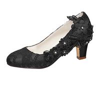 Emily Bridal Chaussures de mariée Femmes Soie comme du Satin Talon bottier Escarpins avec Couture Dentelle Une Fleur Cristal Pearl (EU41, Noir)