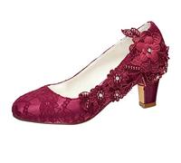 Emily Bridal Chaussures de mariée Femmes Soie comme du Satin Talon bottier Escarpins avec Couture Dentelle Une Fleur Cristal Pearl (EU37, Bourgogne)