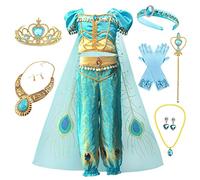 Emin Fille Costume de Princesse Jasmine avec Accessoires Déguisement de Princesse Aladdin Costume Anniversaire Fête Noël Halloween Carnaval Cosplay Enfants Vêtements