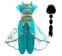 Emin Fille Costume de Princesse Jasmine avec Perruque Déguisement de Princesse Aladdin Costume Noël Anniversaire Fête Noël Halloween Carnaval Cosplay Enfants Vêtements