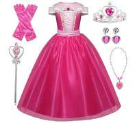 Emin Fille Déguisement de Princesse Aurore avec Accessoires Robe de La Belle au Bois Dormant Robe Tulle Maxi Anniversaire Fête Noël Partie Halloween Carnaval Cosplay Costume Enfants Rose, 100