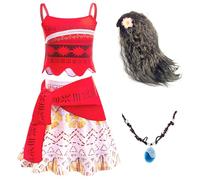 Emin Fille Robe de Princesse Vaiana avec Collier et Perruque Déguisement de Vaiana Princesse Costume Noël Anniversaire Fête Halloween Carnaval Cosplay Enfants Princesse Robe