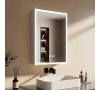 EMKE Armoire de Salle de Bain avec Miroir, éclairage, 50 x 70 x 14,5 cm, Anti-buée, 3 Couleurs de lumière à intensité Variable, Prise de Courant, étagère en Verre, Fonction mémoire, Blanche, Double