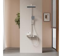 EMKE Colonne de douche thermostatique, 1127 x 460 x 360 mm, douche de pluie, douche à main 3 fonctions, hauteur réglable 812-1142 mm, chromé, corps en cuivre et panneau de verre, design moderne