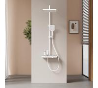 EMKE Colonne de Douche Thermostatique, 1127x460x360mm, Douche Pluie, Douche Manuelle 3 Fonctions, Hauteur Ajustable 812-1142mm, Blanc Mat, Corps en Cuivre et Panneau en Verre, Design Moderne
