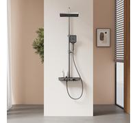 EMKE Colonne de Douche Thermostatique, 1127x460x360mm, Douche Pluie, Douche Manuelle 3 Fonctions, Hauteur Ajustable 812-1142mm, Anthracite mat, Corps en Cuivre et Panneau en Verre, Design Moderne
