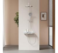 EMKE Colonne de Douche Thermostatique avec Douche de Pluie et Pommeau à 3 Modes, Chromée, Fonction 3 en 1, Hauteur Réglable de 700-1100mm, Éclairage Ambiant Bleu Doux, 375x420x1100mm