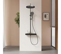 EMKE Colonne de Douche Thermostatique avec Étagère en Verre, Douche Pluie Extra Large de 320 mm, Pommeau de Douche avec 3 Types de Jets, Noir Mat, Hauteur Ajustable 818-1068 mm
