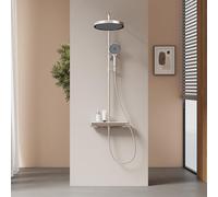 EMKE Colonne de Douche Thermostatique avec Étagère en Verre, Douche Pluie Extra Large de 320 mm, Pommeau de Douche avec 3 Types de Jets, Chromé, Hauteur Ajustable 818-1068 mm