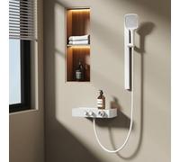 EMKE Colonne de douche thermostatique - blanc mat, débit d'eau réglable, design minimaliste séparé, douche à main 3 fonctions, kit douche pour petites salles de bains