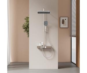 EMKE Colonne de douche thermostatique, douche de pluie et douche manuelle, hauteur réglable 816-1146 mm, chromée, set de douche avec étagère en verre, 1146 x 450 x 480 mm