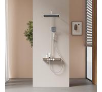 EMKE Colonne de Douche Thermostatique, Douche Pluie et Douche Manuelle, Hauteur Ajustable 816-1146mm, Chromé, Ensemble de Douche avec Étagère en Verre, 1146x450x480mm