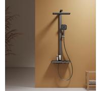 EMKE Colonne de douche thermostatique, grande tête de douche de 360 mm, barre de levage réglable, 4 fonctions, douche à main, réglage du débit d'eau, 402 x 573 x 1050 mm, anthracite mat