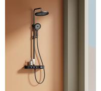 EMKE Colonne de douche thermostatique - Noir, réglage innovant du débit, douche effet pluie 26 cm, douche à main avec 3 jets, barre de douche et tuyau, système de douche