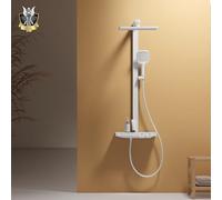 EMKE Colonne de Douche Thermostatique, Pommeau de Douche Extra Large de 360 mm, Barre de Levée Ajustable, Douche à Main 4 Fonctions, Réglage du Débit d'Eau, 402x573x1050 mm,Blanc Mat