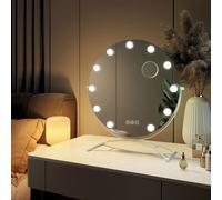EMKE Hollywood Miroir de courtoisie avec miroir grossissant 7x, blanc rond Miroir de courtoisie 160x500x580mm avec écran tactile intelligent et 3 couleurs de lumière, pivotant à 360° 11 lampes LED à i