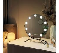 EMKE Hollywood Miroir de courtoisie avec miroir grossissant 7x, noir rond Miroir de courtoisie 160x400x470mm avec écran tactile intelligent et 3 couleurs de lumière, pivotant à 360° 9 lampes LED à int