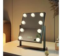 EMKE Hollywood Miroir de Maquillage avec éclairage, Miroir à 360 °, pour Coiffeuse avec 3 Couleurs de lumière, intensité Variable, Fonction mémoire, 9 Lampes LED, 25 x 30 cm, Noir
