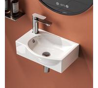 EMKE Lavabo 405 x 280 x 140 mm, Lavabo Petit, Lavabo à Poser, Robinet à Gauche, Lavabo Suspendu à Fixer au Mur pour WC Invités et Salle de Bain, Blanc brillant