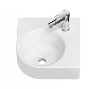 EMKE Lavabo 44 x 38.5 x 15.5 cm, Petit Lavabo Triangulaire à Poser, Installation Murale, Vasque Suspendue pour WC Invités et Salle de Bain, Blanc Brillant