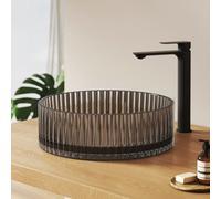 EMKE Lavabo à Poser en Verre Cristal, Rond Noir Mat, 400x400x120mm, Vasque depour Salle de Bain et WC Invités, Facile à Nettoyer et à Installer