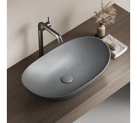 EMKE Lavabo à Poser Ovale 61.5 × 36 × 15.5 cm, Vasque en Céramique pour Salle de Bain et WC Invités, Mini Lavabo Petit, Gris Mat