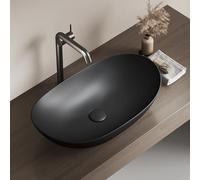 EMKE Lavabo à Poser Ovale 61.5 × 36 × 15.5 cm, Vasque en Céramique pour Salle de Bain et WC Invités, Mini Lavabo Petit, Noir Mat