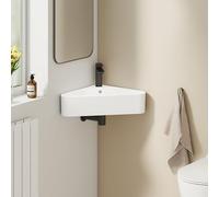 EMKE Lave-Mains d'Angle en Céramique Blanc Brillant - Petit Lavabo de Coin Suspendu 56 x 34 x 13 cm avec Trop-Plein - Idéal pour WC, Petits Espaces et Salles d'Eau - Design Gain de Place