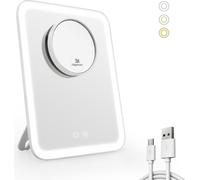EMKE LED Miroir de courtoisie 181x232mm blanc Miroir de courtoisie avec ventouse et miroir grossissant 3x
