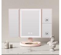 EMKE LED Miroir de maquillage pliable rose - Miroir de maquillage éclairé avec variateur et miroir grossissant 2X/5X