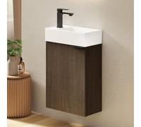 EMKE Meuble Salle de Bain avec Vasque - Étagère Ajustable, Poignée Incurvée Réglable,Lave Main WC avec Meuble, Idéal pour Petites Salles de Bain et Chambres d’Amis,Chêne scié(Robinet Inclus)
