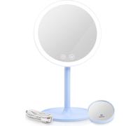 EMKE Miroir cosmétique LED avec 3 couleurs de lumière, grossissement 1/3x, interrupteur tactile et fonction mémoire, loupe pour miroir de salle de bain(bleu clair)