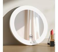 EMKE Miroir de Maquillage avec éclairage avec Miroir grossissant 5X, Miroir cosmétique LED Blanc avec Ventouse, diamètre 165 mm, Miroir Mural Portable, alimenté par Piles
