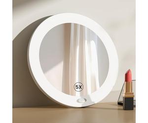 EMKE Miroir de Maquillage avec éclairage avec Miroir grossissant 5X, Miroir cosmétique LED Blanc avec Ventouse, diamètre 165 mm, Miroir Mural Portable, alimenté par Piles