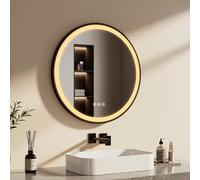 EMKE Miroir de Salle de Bain Rond 70 cm avec Interrupteur Tactile, Fonction Anti-buée et 3 Couleurs de lumière, Miroir Rond Salle de Bain avec Cadre Noir et bandoulière réglable