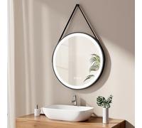 EMKE Miroir de Salle de Bain Rond 70 cm, Miroir Mural Rond avec lumière, Interrupteur Tactile et Fonction Anti-buée, 3 Couleurs de lumière Variables, Cadre Noir et Sangle réglable